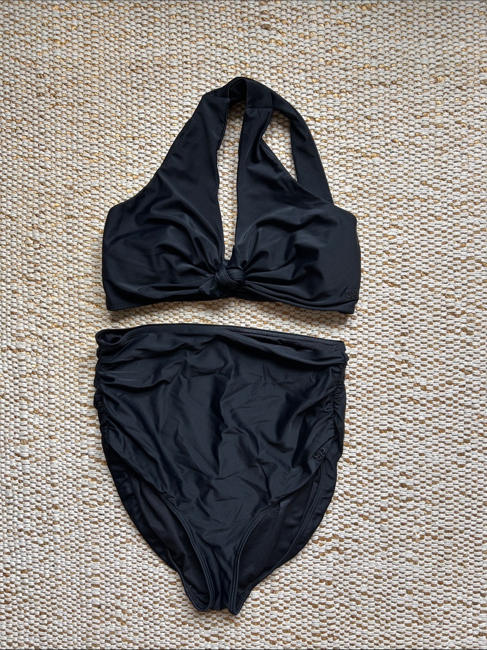 Albion Fit black bathing suit with ruched high waisted bottoms